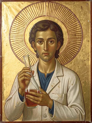 Scientist holding a glass flask up to the light, halo of radiating lines