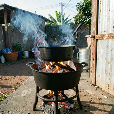 Documentary photograph with Jamaican yard aesthetic, Coal pot with coals glowing