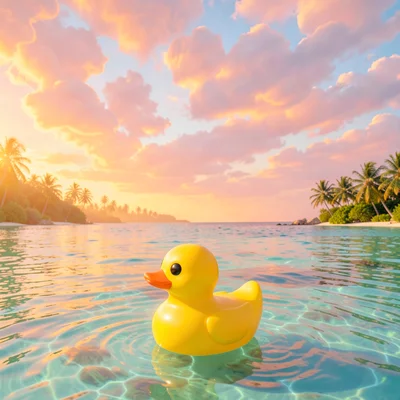 Orange-and-pink sunrise sky meeting an aqua lagoon with a single rubber-duck-sha