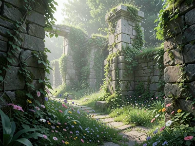 Overgrown ruins with nature reclaiming stone walls, flowers growing through crac