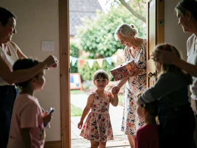 Child's birthday party, grandparent arriving in doorway with gift, the moment be