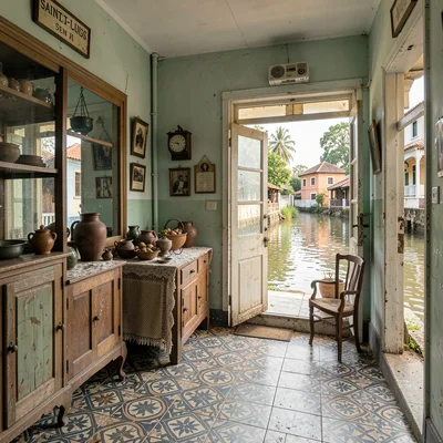 Soft morning light on faded colonial pastels, Saint-Louis Senegal, Tile floor in