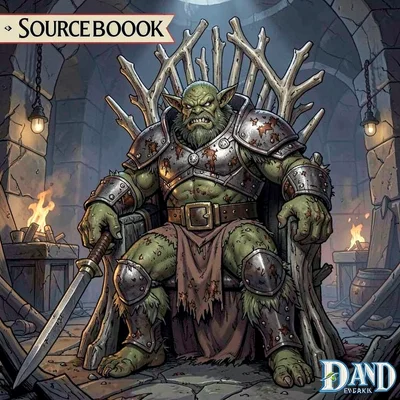RPG sourcebook illustration, an orc warchief in battle-scarred armor, commanding