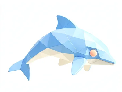 Arcing sky-blue lowpoly dolphin with cream belly facets and a peach eye dot, on