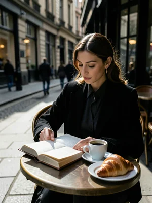 Person reading book at sidewalk cafe, coffee and croissant, spring morning