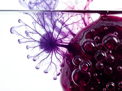 Macro of boiling jam, deep purple liquid with large glossy bubbles about to burs