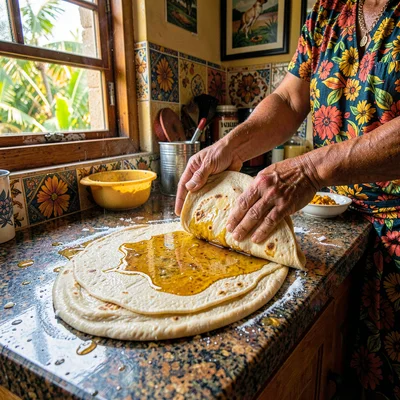 Vivid photograph with Trinidadian cultural fusion aesthetic, Hands making parath