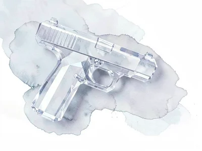 Crystalline ice-clear lowpoly dueling pistol with a transparent body and sharp p