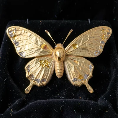 A butterfly specimen mounted against dark velvet, wings gilded at the margins