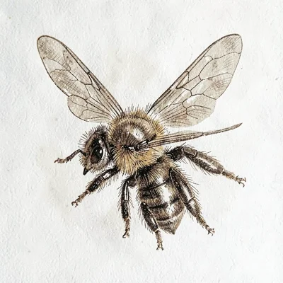 Pen-and-ink illustration of a single honey bee in flight, fine cross-hatching, s