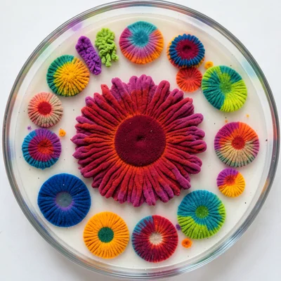 Pigmented colony extreme macro, Serratia prodigiosin red pigment concentrated in