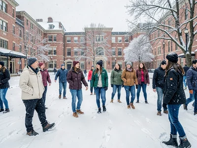 Campus quad with first flakes, students in light jackets caught off guard