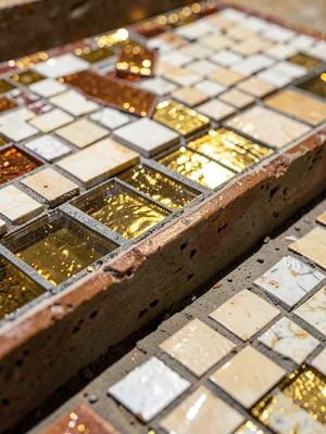 Close-up of the cross-section of a mosaic substrate — tesserae, mortar, and base