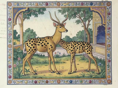 Deer in a garden enclosure — two animals rendered with individual spots and eye 