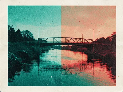 A bridge spanning a river in teal and warm red risograph, reflection creating co