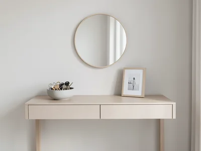 Entryway console table with keys bowl, small mirror, single framed photo, clean 