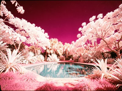 A swimming pool surrounded by white tropical plants under a deep magenta sky