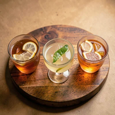 Warm overhead of a tasting flight of three small cocktails on a wooden board
