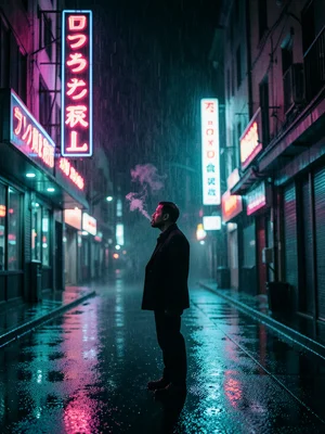 A lone figure smoking under a neon hotel sign, magenta light on their face, rain