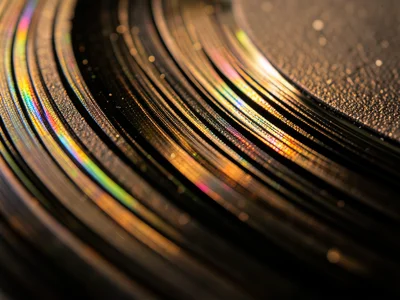 Record pressing flash, tiny ridge of excess vinyl at disc edge from injection mo