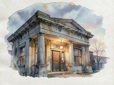 Atmospheric watercolor of a small community-bank facade at dusk, stone columns g
