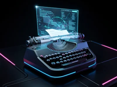 Typewriter with holographic screen floating above keys, manuscript being auto-ty