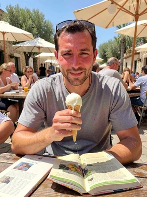 A tourist at an outdoor cafe at noon, clearly underestimating the Mediterranean 