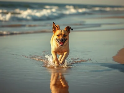 Candid photography, a joyful medium-sized dog running fast along the shoreline on a sunny beach, paws splashing through 