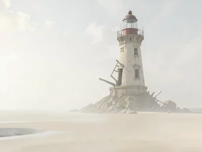 Decapitated lighthouse with its lantern room collapsed, the surrounding shorelin