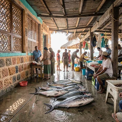 Coastal architecture photograph with Swahili influences, Fish auction at morning