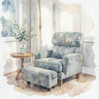 Atmospheric watercolor of a quiet living room with a lounge chair and side table