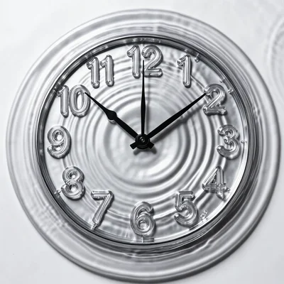Liquid mercury clock face, numbers dissolving into metallic ripples