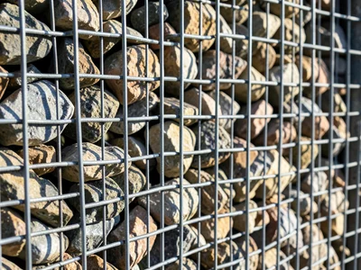 Gabion wall closeup, stone rubble packed behind wire mesh cage, natural material