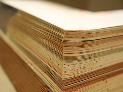Art book fore-edge, occasional color plate pages interrupting the white strata w