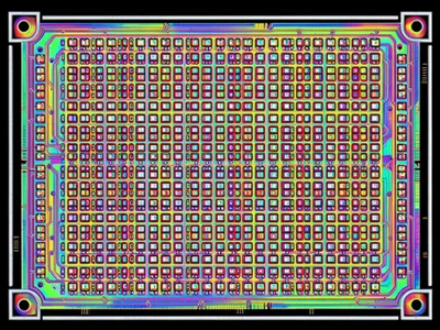 Memory chip die with regular array pattern, millions of identical storage cells 