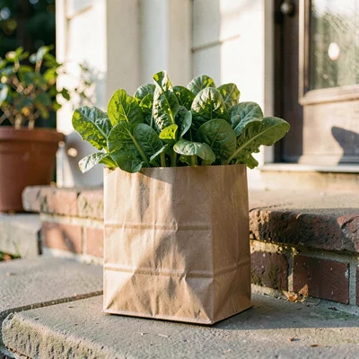 Vertical warm shot of a paper bag full of leafy greens on a porch step