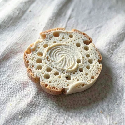 Dabbed oat-cream sponge with thumb-pressed pores and fingernail dents along its 