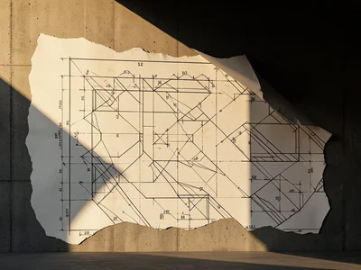 Building photograph where one wall is peeled back to show blueprint technical dr