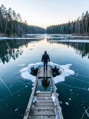 Finnish lake mirror, dead-calm reflection, a person descending wooden steps into