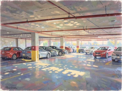 Parking garage interior in Renoir-like dappled light and soft brushwork
