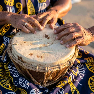 Saturated textile-rich photograph, Close-up of djembe drum head, goatskin textur