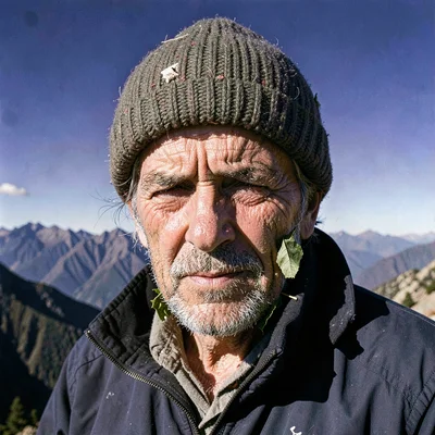 High altitude photograph, thin mountain air, An old man with wind-weathered face