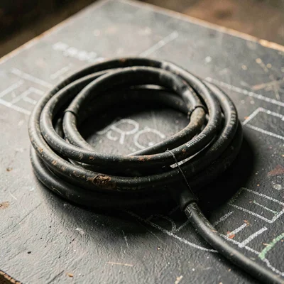 Worn-material closeup of a coiled RCA cable on a chalky board, deep shadow