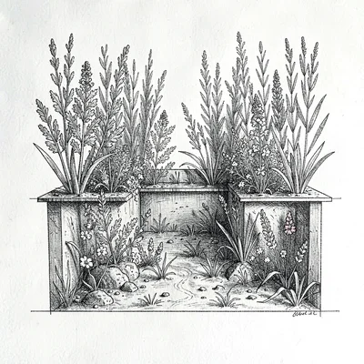 section view of a sunken herb garden, schematic