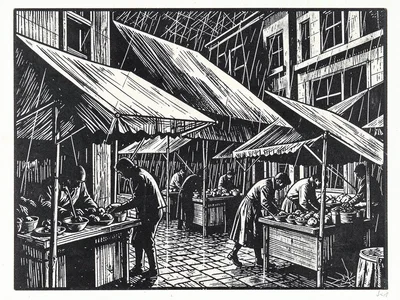 Market stalls in the rain, awnings as slashing lines, figures hunched