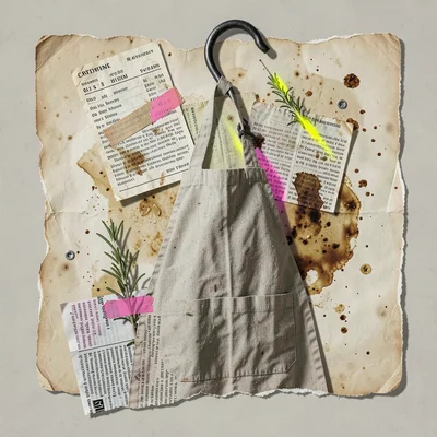 Vintage-collage scene of a stained linen apron hanging from a bent iron hook, sc