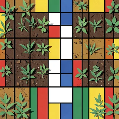 Vegetable garden overhead — soil, crops, path as pure primary rectangles