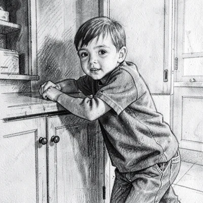 Loose charcoal portrait of a kid leaning on a cabinet mid-game, smudged shadow