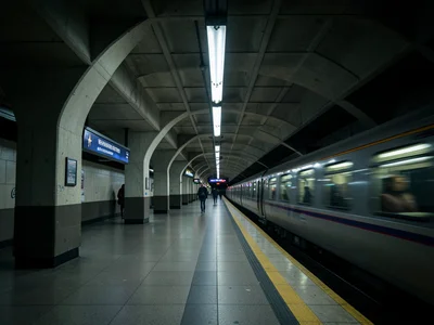 A Washington DC Metro station: coffered concrete ceiling, brutalist arches, dram