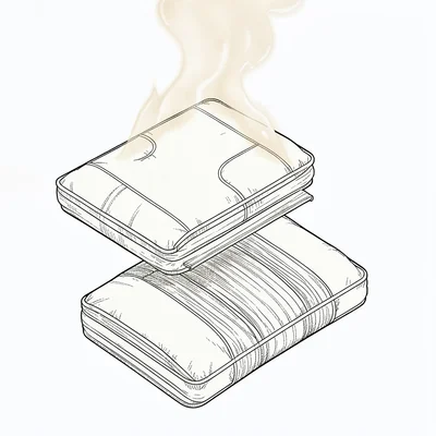 Axonometric exploded view of a meditation cushion and zafu fill, layered ivory l